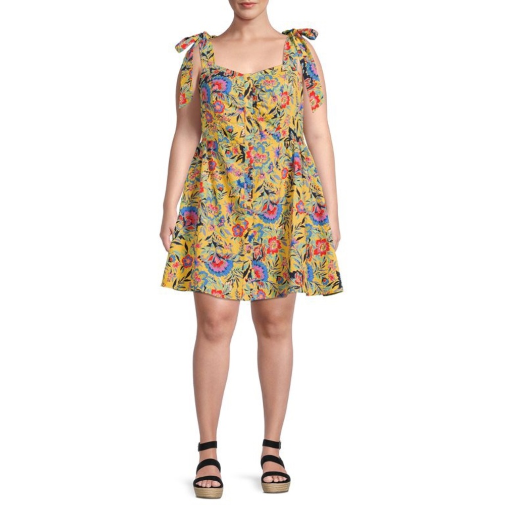 Terra & Sky Plus Size Yellow Floral Button Front Tie Shoulder Dress (2X)